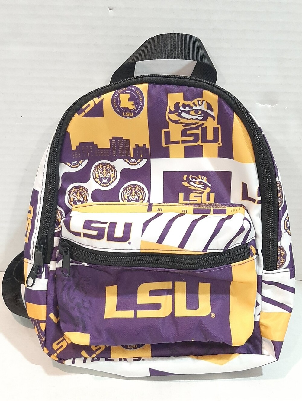 LSU Tigers mini backpack purple & Yellow colorblock collage Team Logo And Mascot